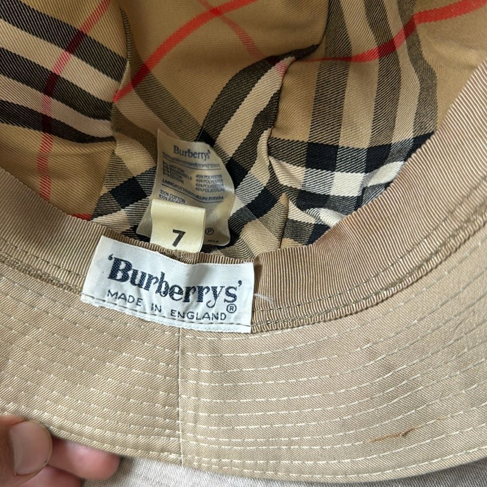 Vintage Original Burberry Bucket Rain Hat Classic Khaki Plaid Lining Size 7 - Picture 2 of 6